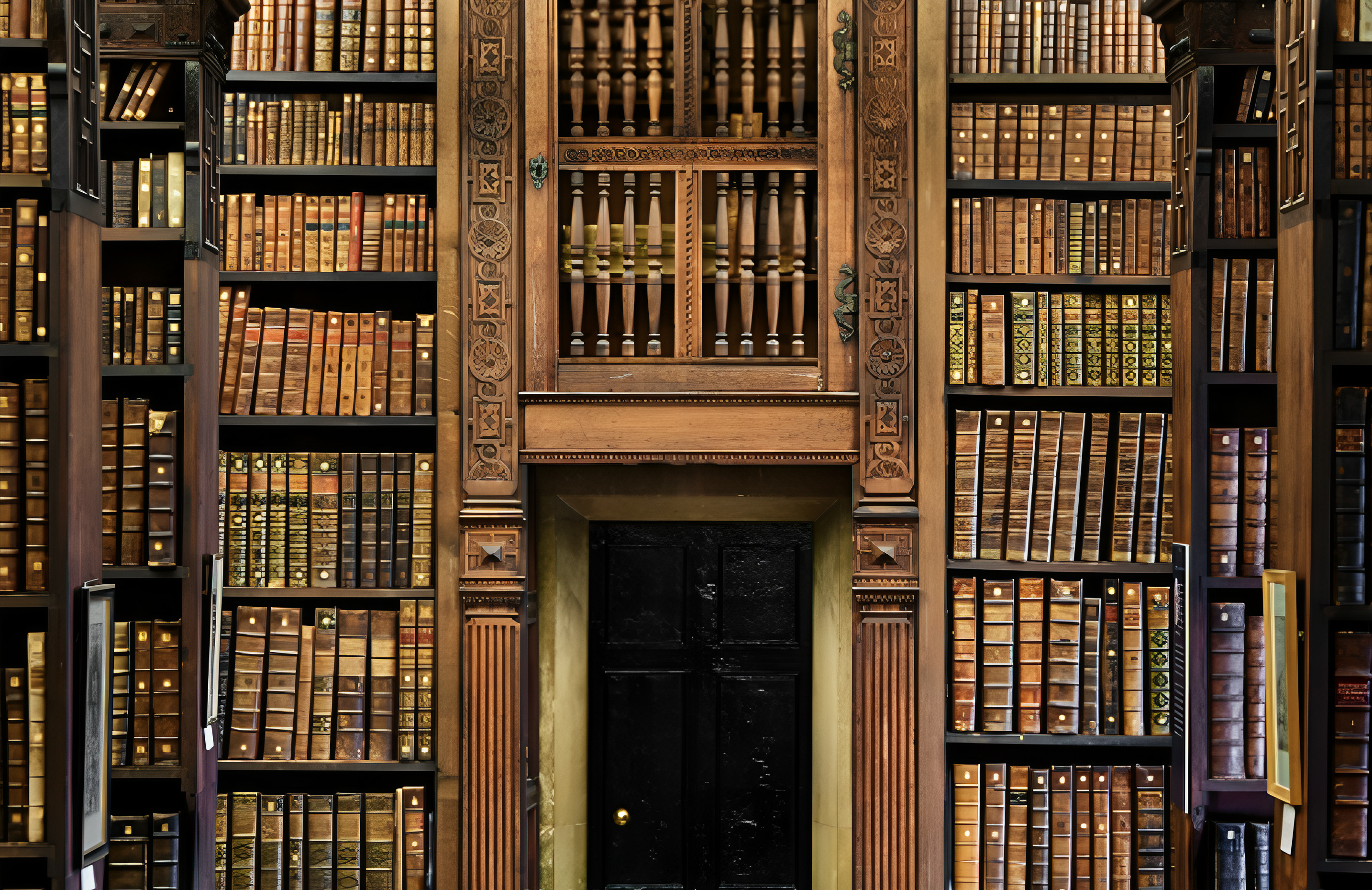 Grand library interior with tall wooden bookshelves, warm candlelit amber glow, dark mahogany tones, deep shadows between towering shelves, atmospheric scholarly atmosphere